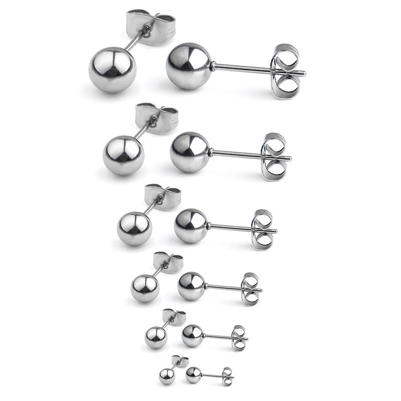 Ruifan 20G Stainless Steel Ball Stud Earrings for Men Women Round 3-8mm 6Pairs - Silver - Image 1